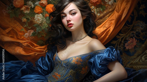 Fototapeta Beautiful, sensual and erotic woman posing on couch. Laid relaxing.