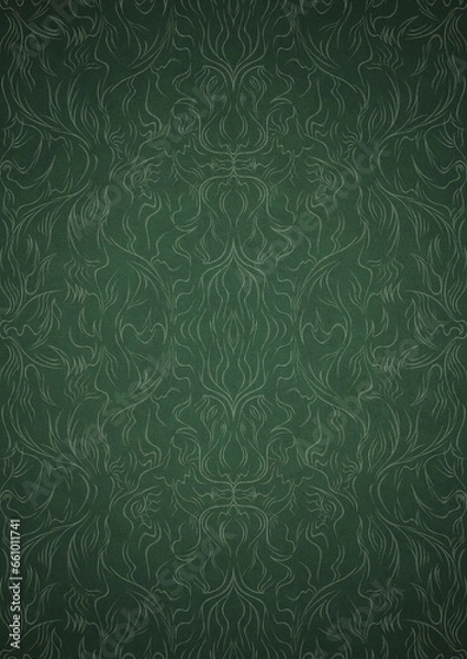 Fototapeta Hand-drawn unique abstract symmetrical seamless ornament. Bright green on a deep warm green with vignette of a darker background color. Paper texture. Digital artwork, A4. (pattern: p11-1d)