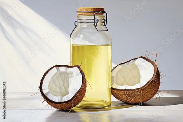 Fototapeta Coconut oil and fresh coconuts isolated on white background