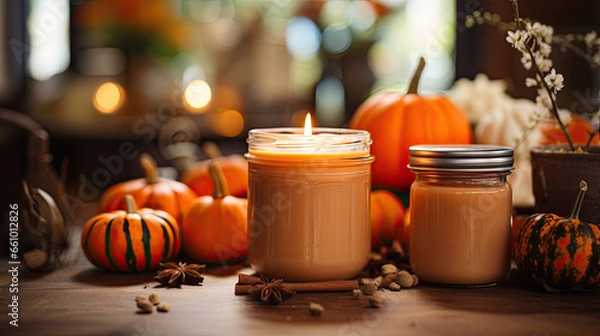 Fototapeta An orange burning candle with pumpkins in the background
