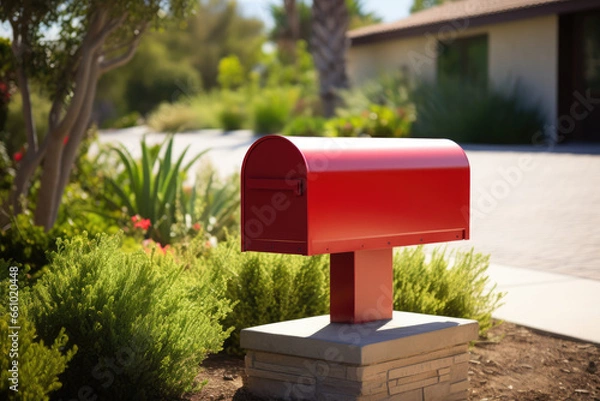 Fototapeta Red Mailbox in Front of House, USPS, Generative AI