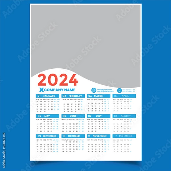 Fototapeta 2024 calendar template, Easy Editable File