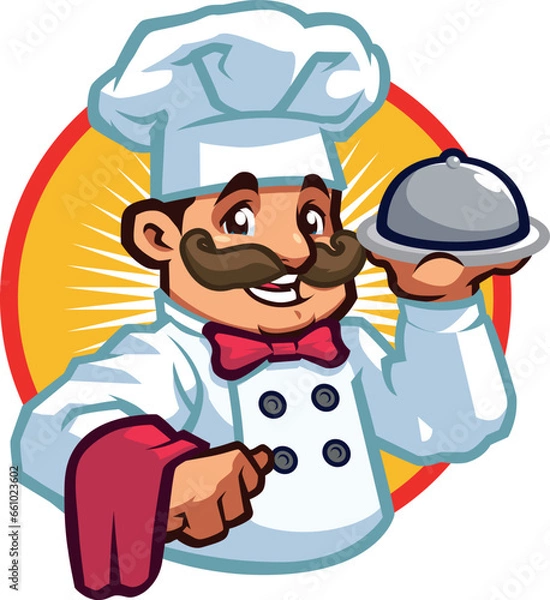 Fototapeta A charismatic mascot chef in holding a tray of food in high-quality vector format.