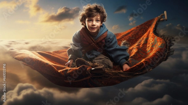 Fototapeta Soaring Above the Clouds: Young Child's (Boy) Fantastical Journey on a Magic Carpet - Merging Dreams with Reality. Generative AI.