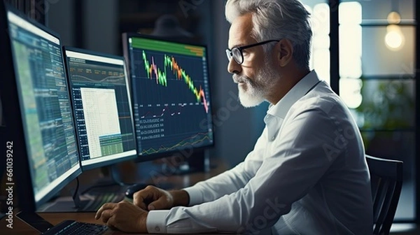 Fototapeta Busy serious middle aged business man financial investor, stock trader broker analyzing online market price thinking of investing money in digital crypto trading exchange checking funds value.