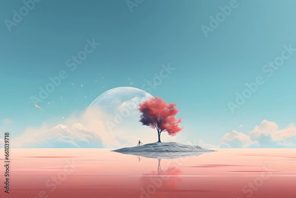 Fototapeta Solitary tree with red foliage stands on an islet under a vast sky with moon