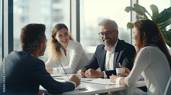 Fototapeta Professional executives business group working with documents at meeting in office. Smiling corporate board team having discussion planning company project strategy sitting at board room table