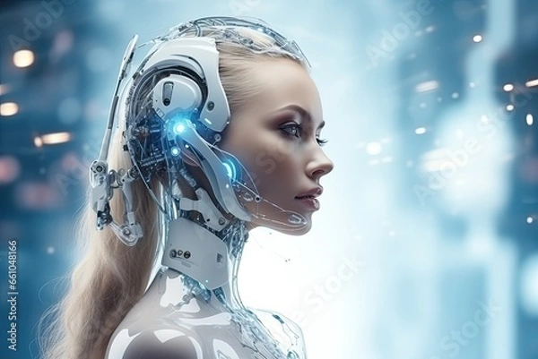 Fototapeta Cyborg woman with white hair and blue eyes. 3d rendering, ai generative
