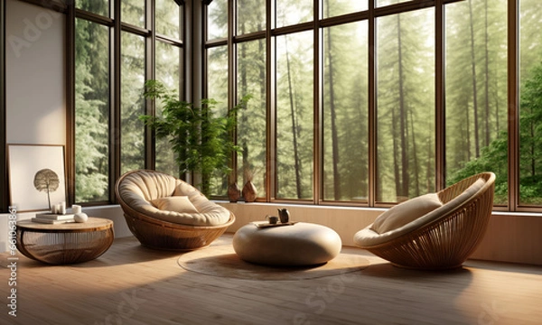 Fototapeta Sunlit modern living room with braided furniture, pebble coffee table and floor-to-ceiling windows