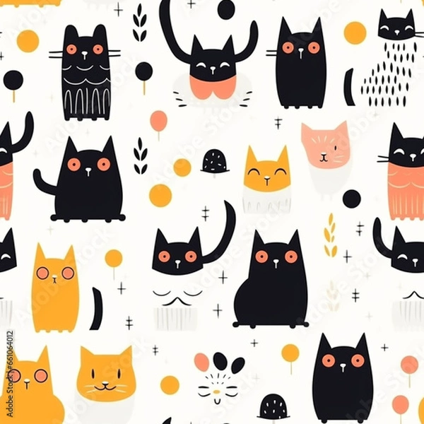 Fototapeta Seamless pattern with cute cartoon cats and hearts. Vector illustration.