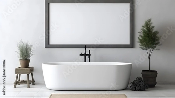 Fototapeta Mockup of image frame in the grey bthroom