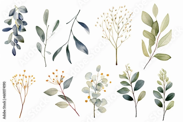 Fototapeta The digital watercolor illustration of various green, blue, and brown leaves with flowers plants patterns for decoration isolated on a white background, generated by AI.