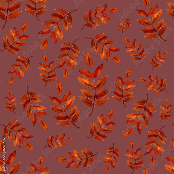 Fototapeta Seamless Pattern of autumn watercolor picturesque rowan leaves on dark pink background.  A set of patterned elements for the design of fabric, gift wrapping paper, wallpaper in  fall colors