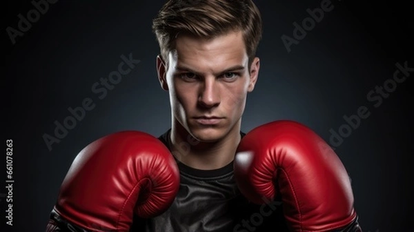 Fototapeta Portrait of a young male boxer with red boxing gloves looking at camera with aggressive serious expression on isolated dark background