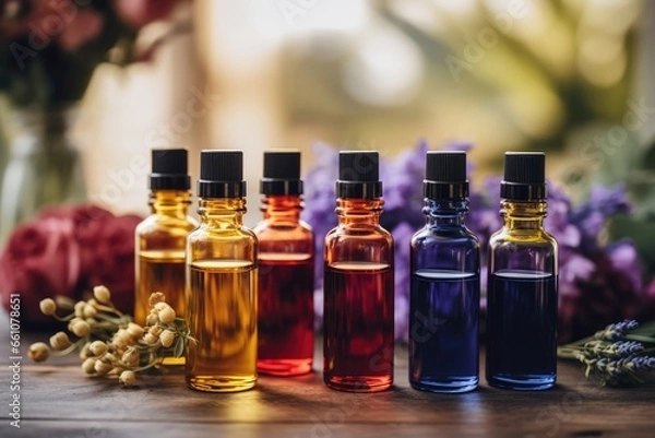 Fototapeta Essential Oils with Flowers in Colorful Bottles - Aromatherapy - AI Generated