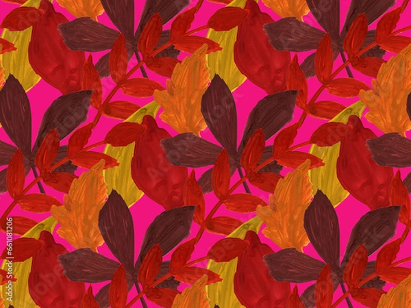 Fototapeta Seamless Pattern of bright autumn leaves, hand-painted, on a pink background. A set of patterned elements for decorating fabric, gift wrapping paper, wallpaper in autumn colors, tablecloths
