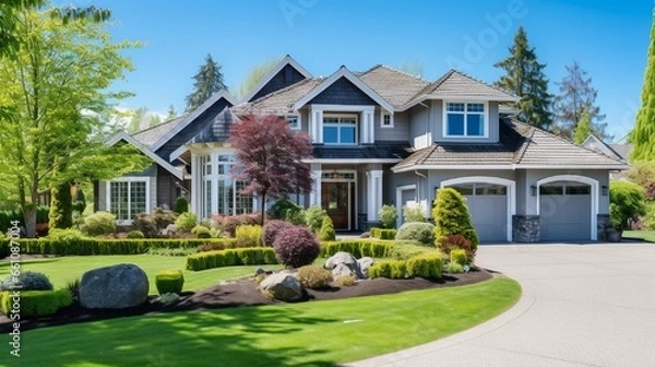 Fototapeta Custom built luxury house with nicely trimmed front yard, lawn and long doorway and driveway in a residential neighborhood.