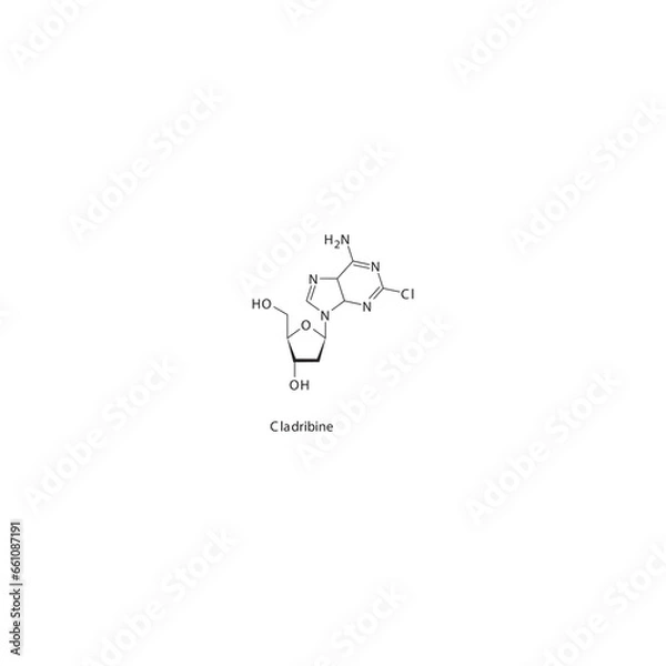 Fototapeta Cladribine flat skeletal molecular structure Purine analog drug used in Hairy cell leukemia, multiple sclerosis treatment. Vector illustration.