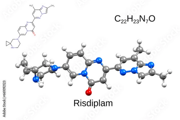 Fototapeta Chemical formula, structural formula and 3D ball-and-stick model of risdiplam, a medication used to treat spinal muscular atrophy