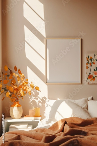 Fototapeta minimalist Scandinavian interior bedroom daylight frame canvas mock up in a curated cozy room setting, bohemian boho style with natural light and shadows editorial film look magazine home