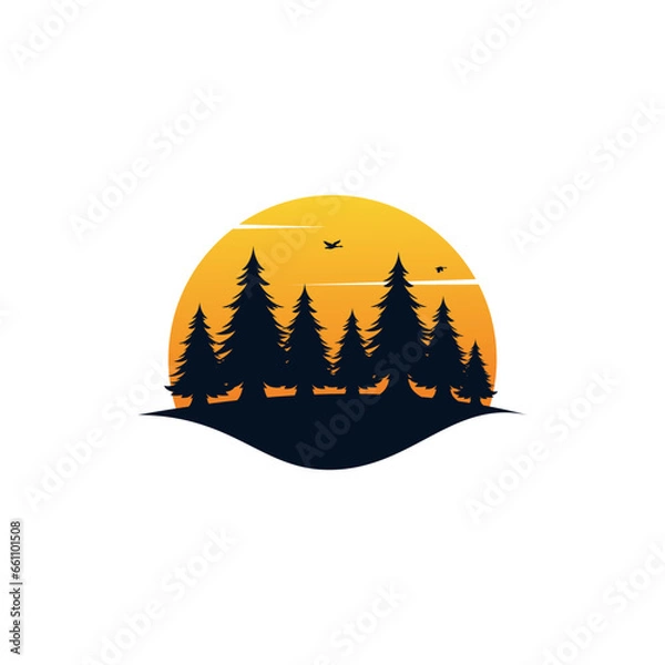 Obraz Pine tree logo with sunset vector emblem illustration design