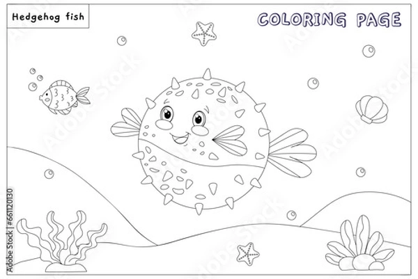 Obraz Cute vector fish hedgehog, with drawn elements in black and white