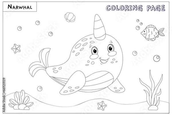 Fototapeta Cute smiling narwhal, unicorn with drawn elements in black and white
