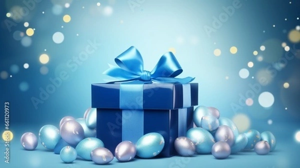 Fototapeta Easter day design. Realistic blue gifts boxes. Open gift box full of decorative festive object. Holiday banner, web poster, flyer, stylish brochure, greeting card, cover. Spring Easter background