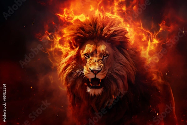Fototapeta Lion. Head of Lion with a fiery mane. The majestic King of beasts with a flaming,  blazing mane. Regal and powerful. Wild animal. Fire background. Isolated on black. Print. 3D illustration. Ai