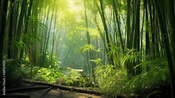 Fototapeta Into the Jungle: Experience the lush greenery of a bamboo grove from a low angle view, where towering trees create a serene canopy