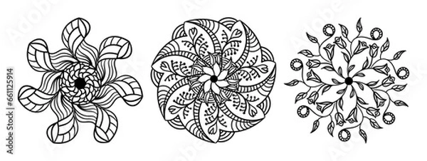 Obraz Three circular ornaments. Ethnic black and white floral patterns. Mandala. 