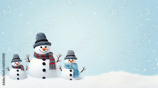 Fototapeta Snowman family on light background. Copy space