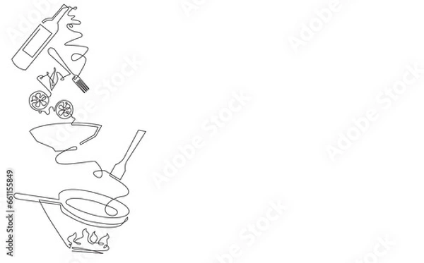 Fototapeta Cooking process at background. Meal preparation with food ingredients and utensils. Vector illustration.