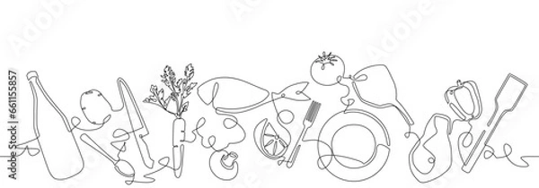 Fototapeta Cooking process at background. Meal preparation from food ingredients. Vector illustration.