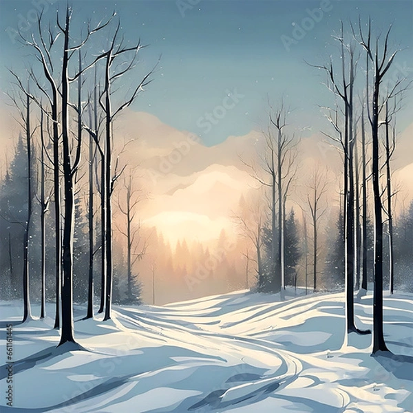 Fototapeta a winter snowy landscape realistic photo including fogs, trees and hills. made with Generative AI