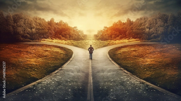 Obraz Person standing at the crossroads and choosing which way to go, on a gloomy autumn day with light of hope on the horizon. Making decisions and choices in life.