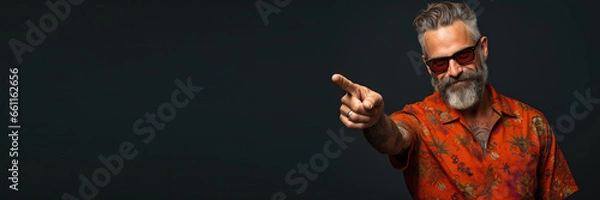 Obraz middle age man wearing casual clothes pointing with finger and hand looking to the camera against a grey background. Banner design with space for text