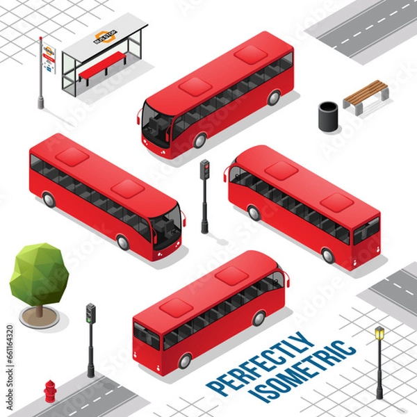 Obraz Red Isometric Bus from the Front Back Right and Left