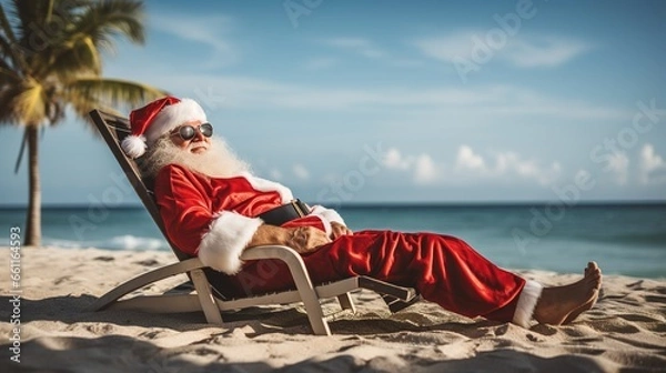 Obraz Santa Claus relaxing on tropical beach. He is lying on a sunlounger, sipping a cocktail, and enjoying the sunshine. Perfect for creating Christmas cards, posters, or other holiday themed designs.