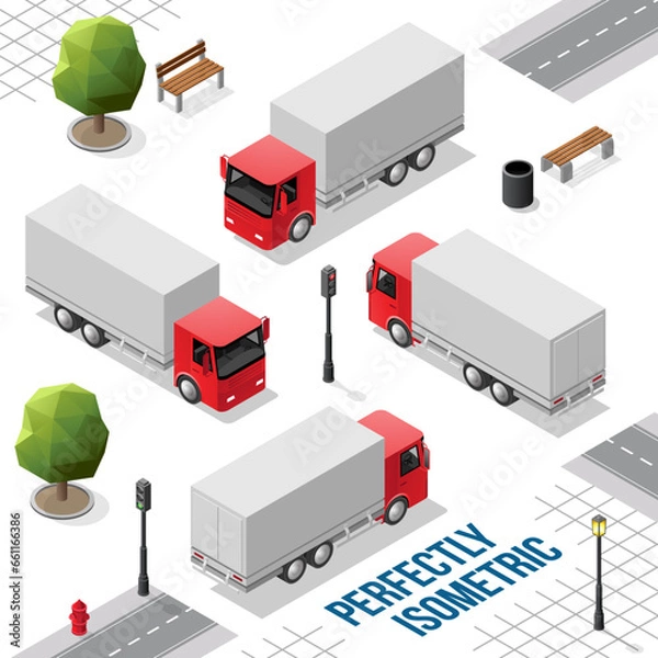 Fototapeta Red Isometric Big Truck from the Front Back Right and Left Views