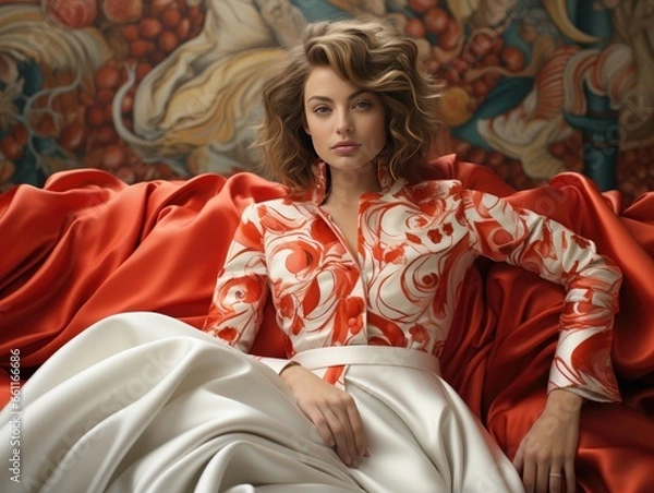 Obraz portrait of an attractive young woman wearing a luxurious satin dress with a flowery top and white long skirt. He sits on the couch, crosses his legs, looks imperiously into the camera.
