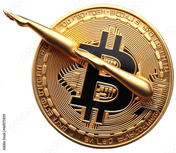 Fototapeta A photo-realistic image of a gold Bitcoin dabbing. The Bitcoin has a “B” in the center with lines radiating out from it. Perfect for anyone who loves cryptocurrency in a fun and unique way.