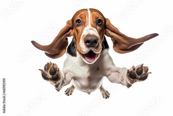 Obraz Basset Hound Jumping on White Background	