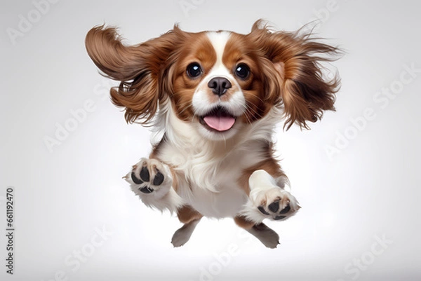Obraz Cavalier King Charles Spaniel Jumping on White Background	