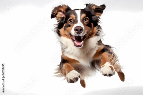 Obraz Australian Shepard Jumping on White Background	