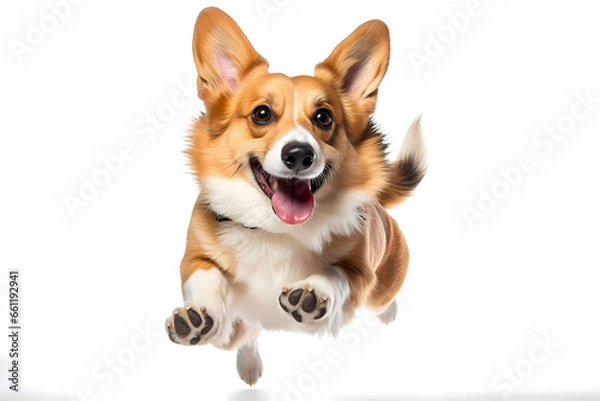 Obraz Pembroke Welsh Corgi Jumping on White Background	