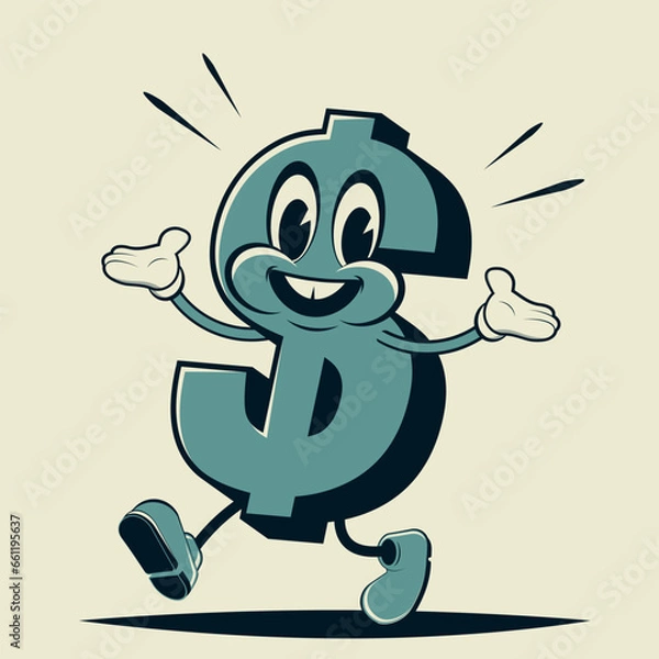 Fototapeta funny retro cartoon illustration of a walking dollar sign
