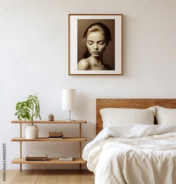 Fototapeta Interior of a bedroom with white walls, wooden floor, white bedside tables and a vertical poster. 3d rendering mock up