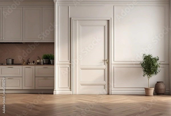 Fototapeta Kitchen interior with white walls, wooden floor, white cupboards and a plant in a vase. 3d rendering mock up