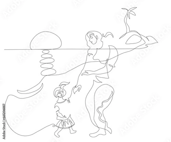 Fototapeta One line drawing of mother and daughter holding hands, walk on beach.
One continuous line drawing of walk on beach and bonding with love.